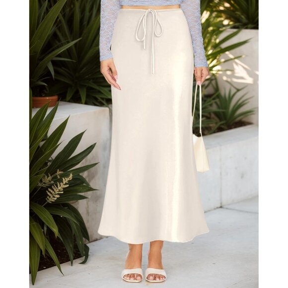 Women's Beige Drawstring Satin High Waist Silk A Line Flowy Long Maxi Skirt - Picture 2 of 6